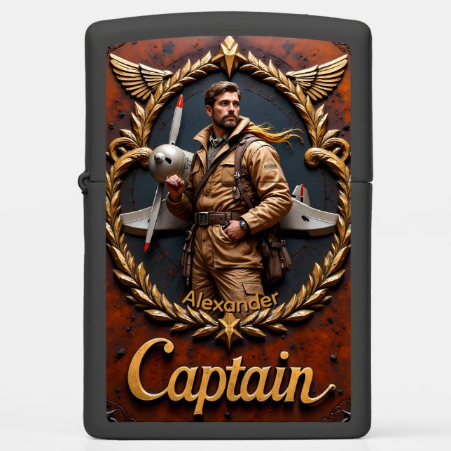 Vintage Aviator's Personalized Captain Gift Zippo Lighter (Front)