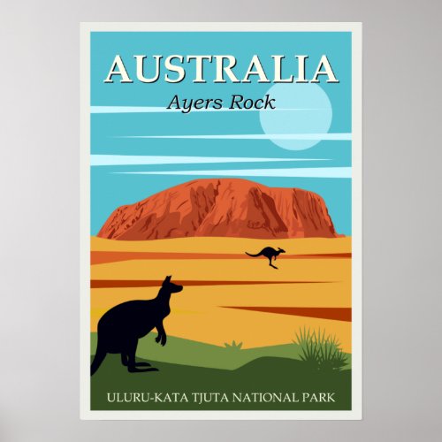 Vintage Ayers Rock Australia Kangaroos Travel Poster