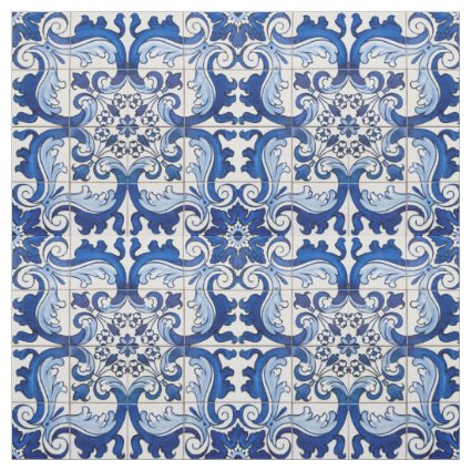 Vintage Azulejo Tile Floral Pattern Fabric