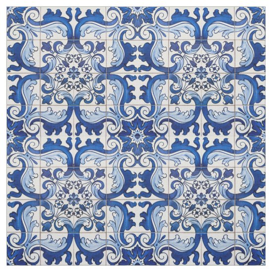 Vintage Azulejo Tile Floral Pattern Fabric