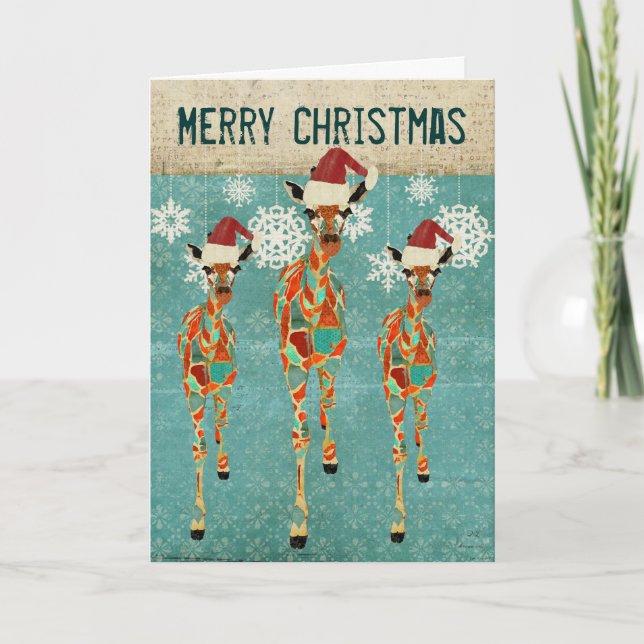 Vintage Azure & Amber Giraffes Blue Christmas Card (Front)