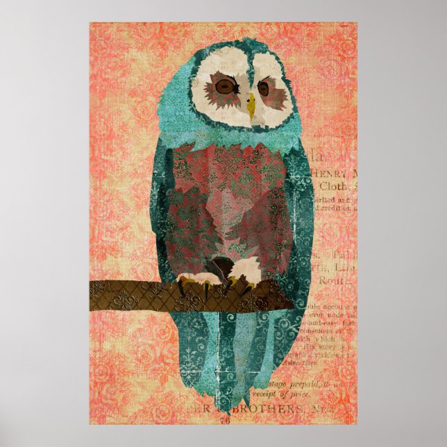 Vintage Azure & Blush Owl Art Poster (Front)