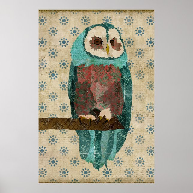 Vintage Azure & Blush Owl Art Poster (Front)