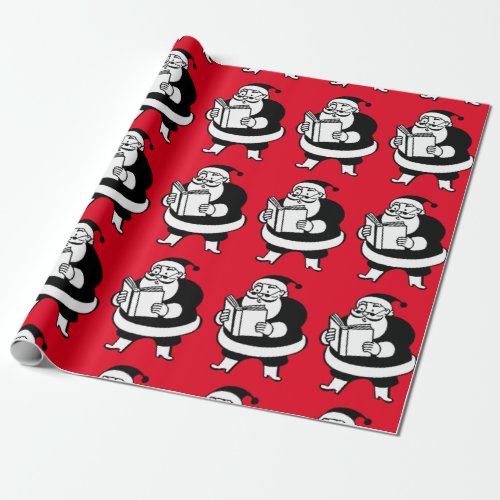 Vintage BW Reading Santa Lg Image on Red Wrapping Paper