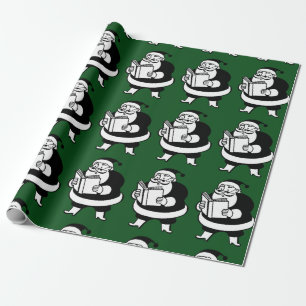 Vintage B&W Reading Santa (Lge. Image) on Green Wrapping Paper