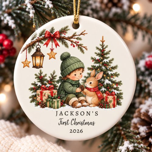 Vintage Baby and Bunny First Christmas Ceramic Ornament