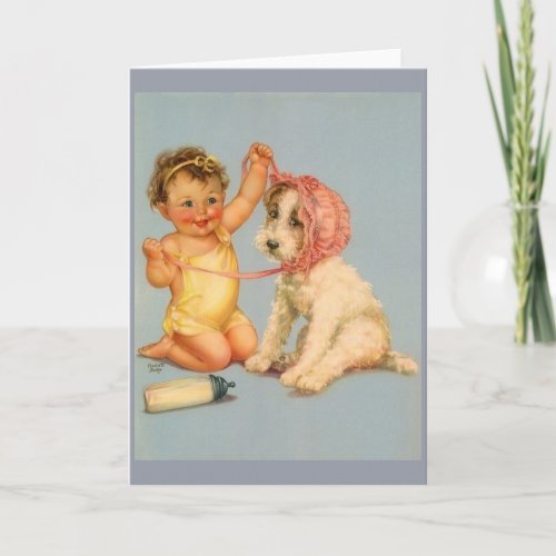 Vintage Baby and Dog with Bonnet Note Card