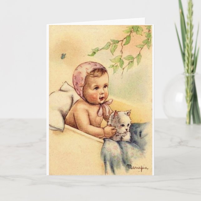 Vintage Baby And Kitten Greeting Card (Front)