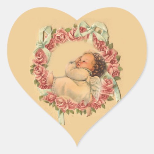 Vintage Baby Angel sleeping on a rose wreath Heart Sticker