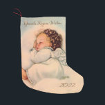 Vintage Baby Angel Wings sleeping in cloud Small Christmas Stocking<br><div class="desc">Personalize this darling vintage image of a baby angel girl asleep in the clouds. The back of the stocking has the Angel of God Prayer in calligraphy. Credit: Prints available at artprintsanddecor.com</div>
