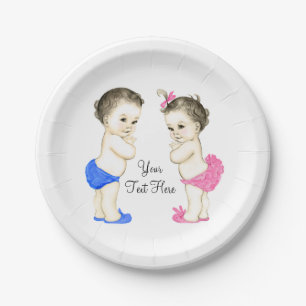 Vintage Baby Boy and Girl Twin Baby Shower Paper Plates
