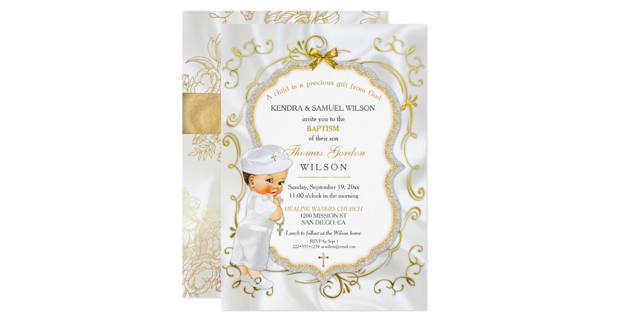 Vintage Baby Boy Baptism Gold Cross Glitter Invitation