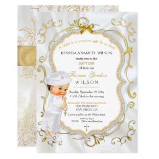 Vintage Baby Boy Baptism Gold Cross Glitter Invitation