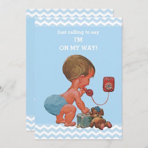 Vintage Baby Boy on Phone Baby Shower Chevrons Invitation