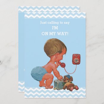 Vintage Baby Boy On Phone Baby Shower Chevrons Invitation by GroovyGraphics at Zazzle