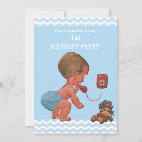 Vintage Baby Boy on Phone Chevrons 1st Birthday Invitation