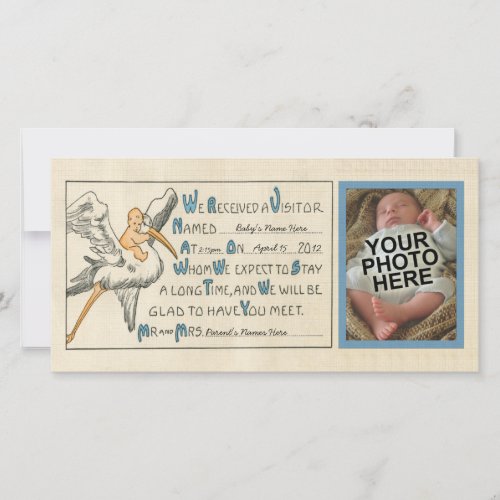 Vintage Baby Boy  Stork Birth Announcement _ Blue