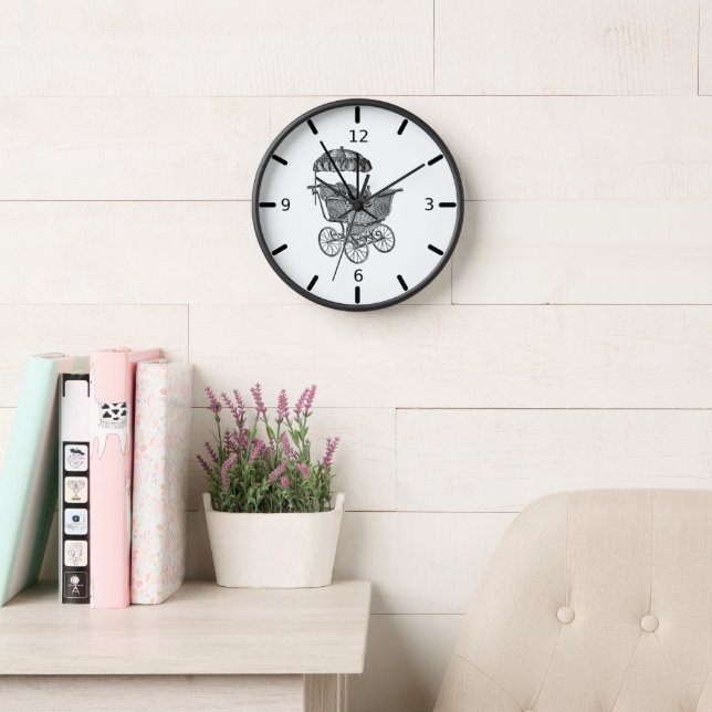 Vintage Baby Buggy Nursery Wood Wall Clock (Reading Room)