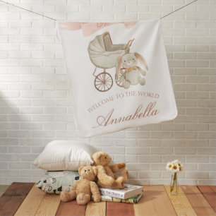 Vintage Baby Carriage and Bunny Baby Girl Blanket