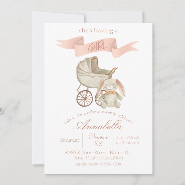 Vintage Baby Carriage and Bunny Baby Girl Invitation (Front)