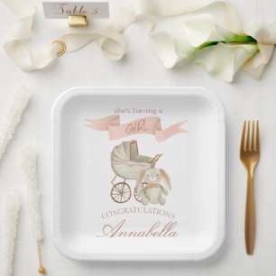 Vintage Baby Carriage and Bunny Baby Girl Paper Plates