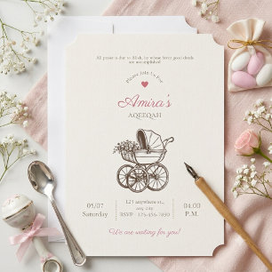 Vintage Baby Carriage Aqeeqah Invitation Girl Pink