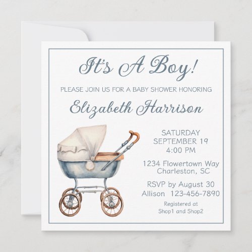 Vintage Baby Carriage Baby Boy Shower Invitation
