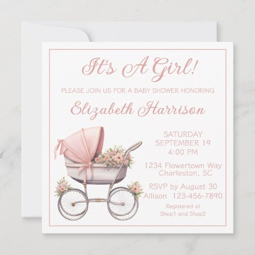 Vintage Baby Carriage Baby Girl Shower Invitation
