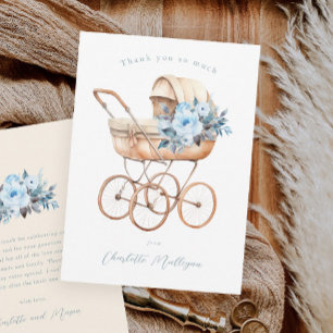 Vintage Baby Carriage Blue Boys Baby Shower Thank You Card