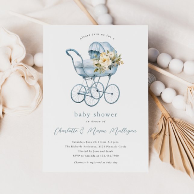 Vintage Baby Carriage Blue Couples Baby Shower Invitation (Vintage dusty blue baby carriage with floral bouquet couples boys baby shower invitation.)
