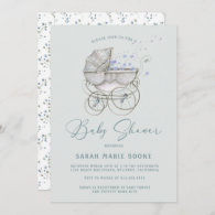 Vintage Baby Carriage Boy Baby Shower Invitation