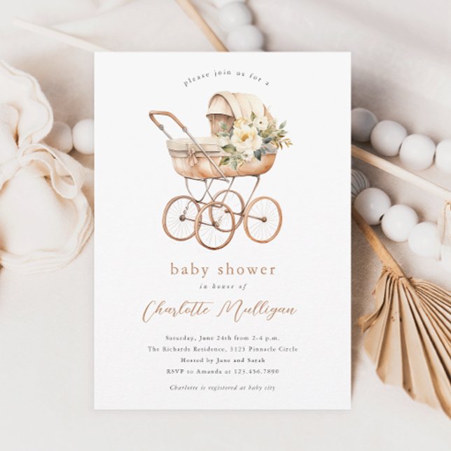 Vintage Baby Carriage Gender Neutral Baby Shower Invitation (Vintage baby carriage gender neutral floral boho baby shower invitations.)