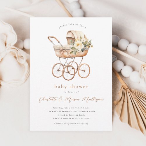 Vintage Baby Carriage Neutral Couples Baby Shower Invitation