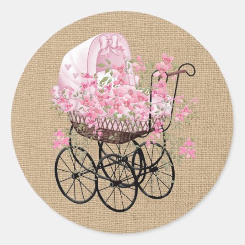 Vintage Baby Carriage on Faux Burlap Classic Round Sticker