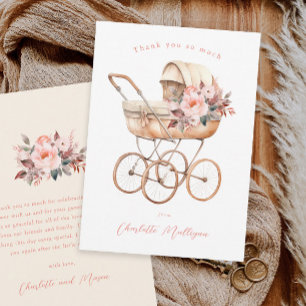 Vintage Baby Carriage Pink Floral Baby Shower Thank You Card