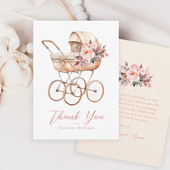 Vintage Baby Carriage Pink Floral Baby Shower Thank You Card | Zazzle