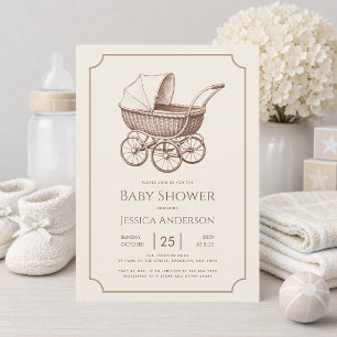 Vintage Baby Carriage Pram Brown Sepia Baby Shower Invitation