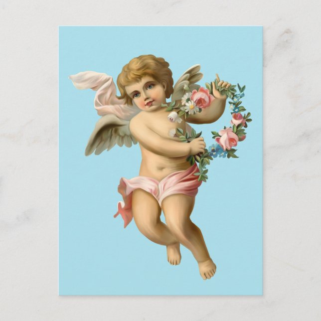 Vintage Baby Cherub with Flowers Postcard (Front)