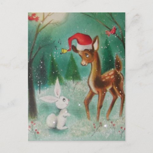Vintage Baby Christmas Deer And Bunny Holiday Postcard
