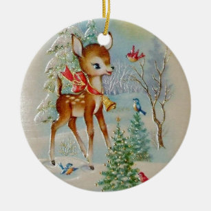 Vintage Baby Christmas Deer Ceramic Ornament