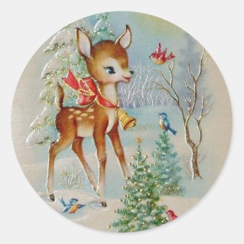 Vintage Baby Christmas Deer Classic Round Sticker