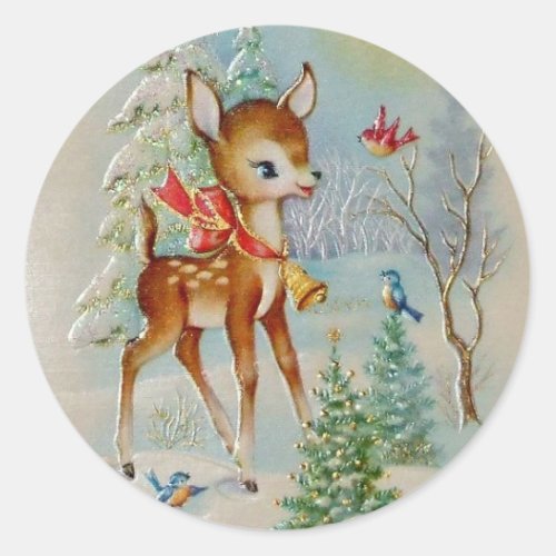 Vintage Baby Christmas Deer In The Snow Classic Round Sticker
