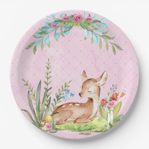 Vintage Baby Deer sitting in grass pink baby  Paper Plates