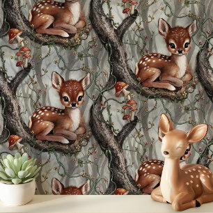Vintage Baby Deer with Mushrooms Nursery Wallpaper