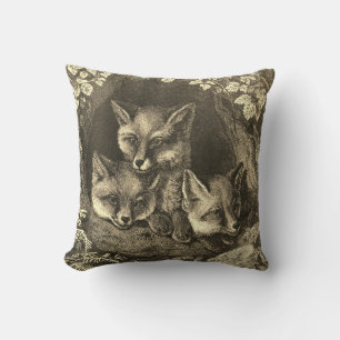 Vintage baby fox woodland 3 smart little foxes throw pillow