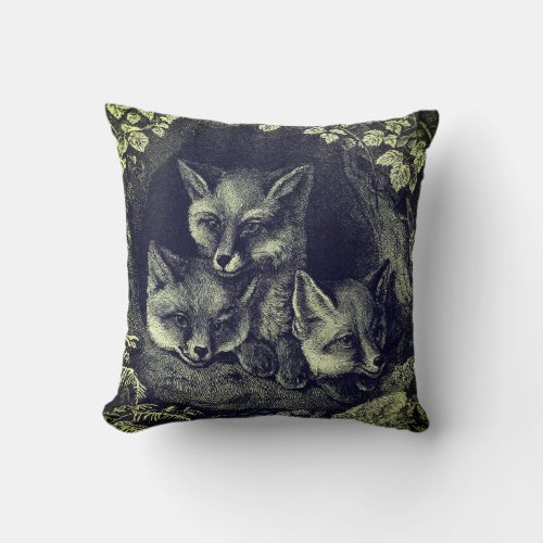 Vintage baby fox woodland green black  throw pillow