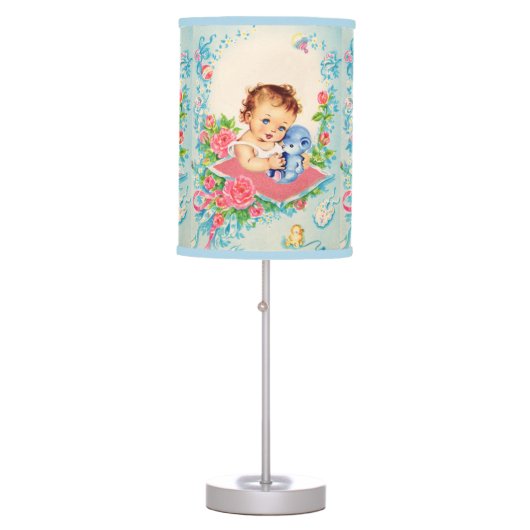 Vintage Baby Girl and Teddy Bear Nursery Lamp (Front)