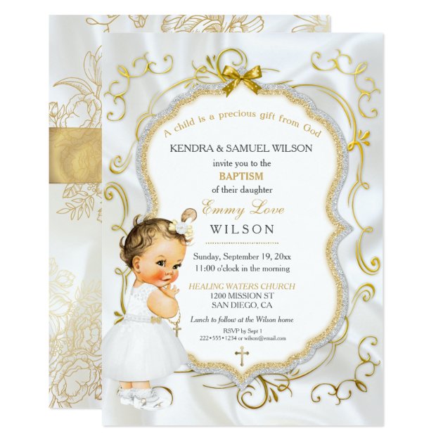 Vintage Baby Girl Baptism Gold Cross Glitter Invitation
