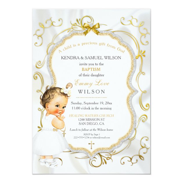 Vintage Baby Girl Baptism Gold Cross Glitter Invitation