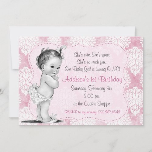 Vintage Baby Girl Chic Damask Birthday Invitation